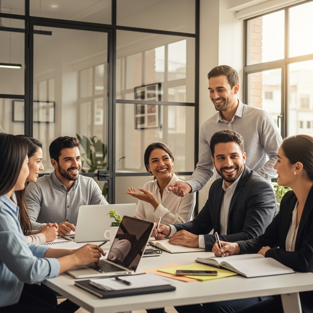 diverse Latin American professionals in a bright modern office environment, collaborative team meeting, genuine smiles, warm natural light, editorial documentary style, professional and human