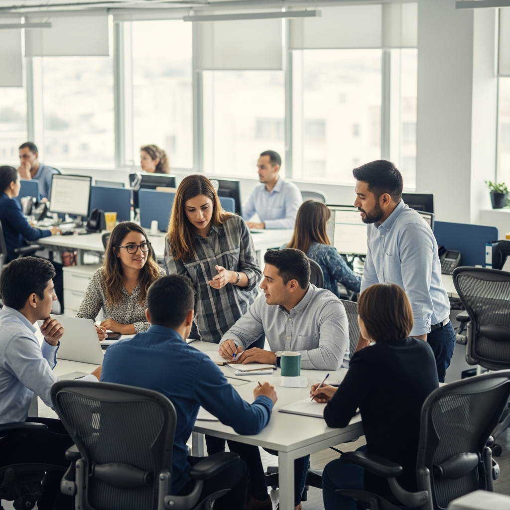 Latin American professionals working in a bright modern office bullpen, team members collaborating, computers and natural light, authentic and candid, editorial style