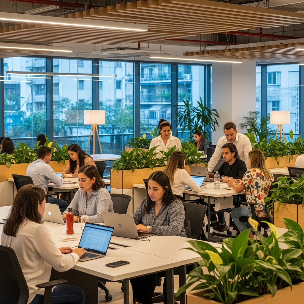 modern Latin American co-working office space, professionals at desks, warm ambient lighting, plants and glass walls, welcoming and professional atmosphere, editorial photography style