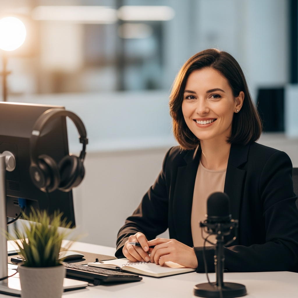 talent strategist at a clean desk smiling and ready for a consultation call, professional and approachable, warm natural light, modern office setting, editorial style