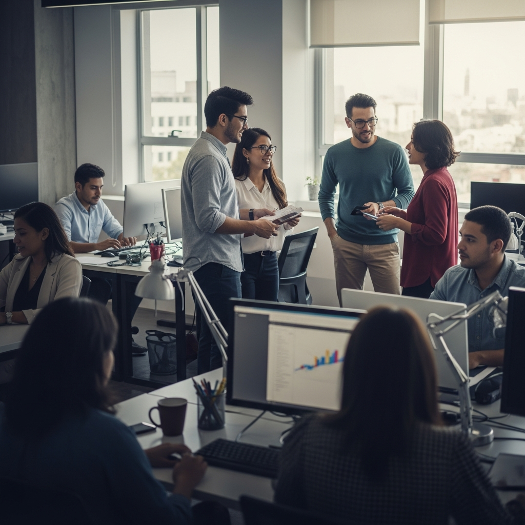 Latin American professionals working in a modern open-plan office, US-style environment, natural light, collaborative atmosphere, diverse team at monitors and desks, warm documentary style, slightly dark-tinted for overlay