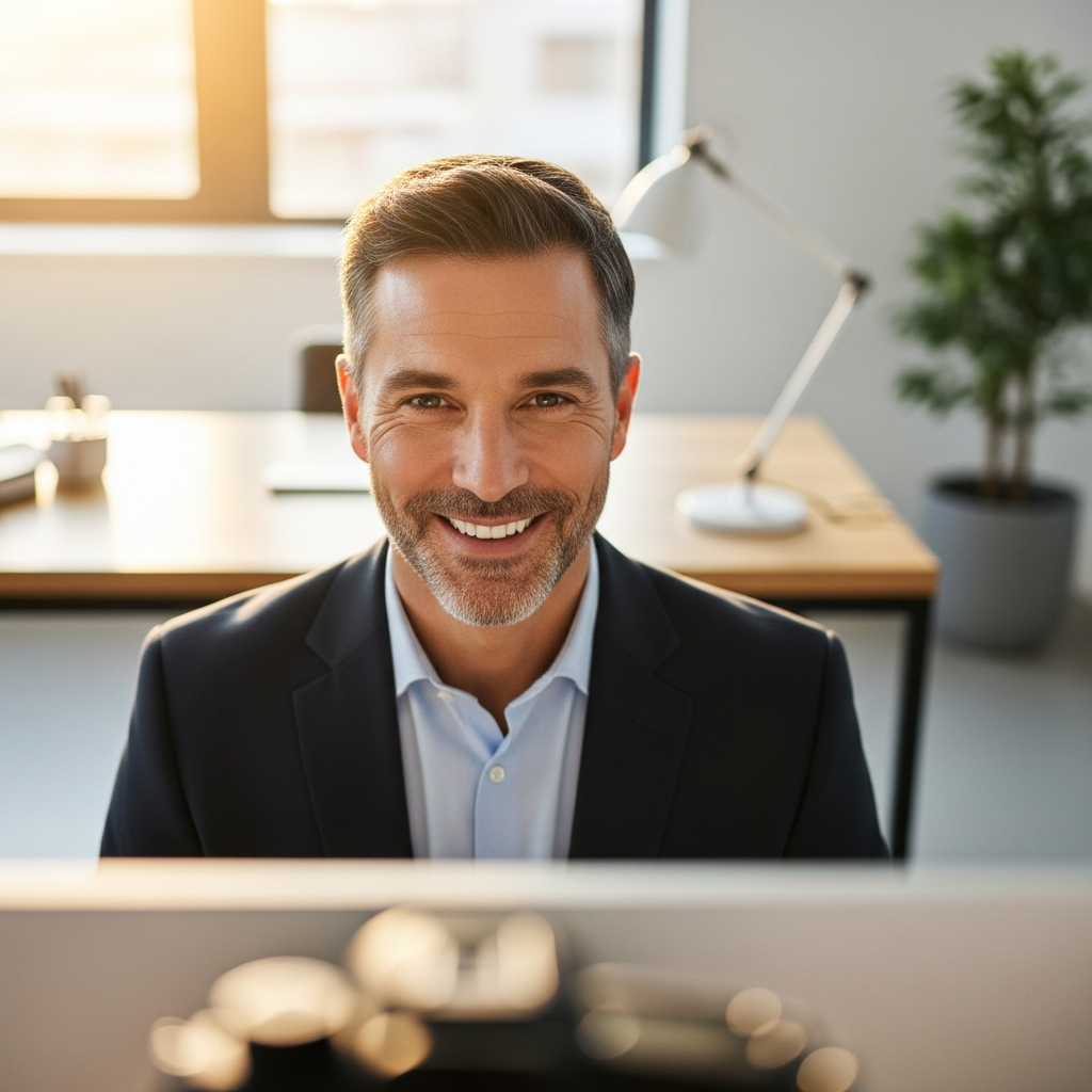 professional business owner smiling on a video call with a remote team member, modern office, warm light, authentic connection