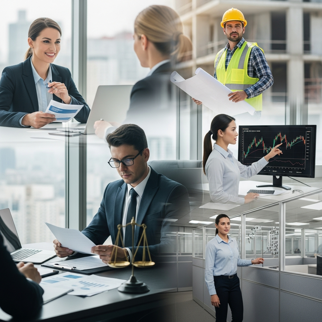 montage of professionals across different industries — legal, finance, insurance, construction — confident and focused, modern offices, editorial documentary style