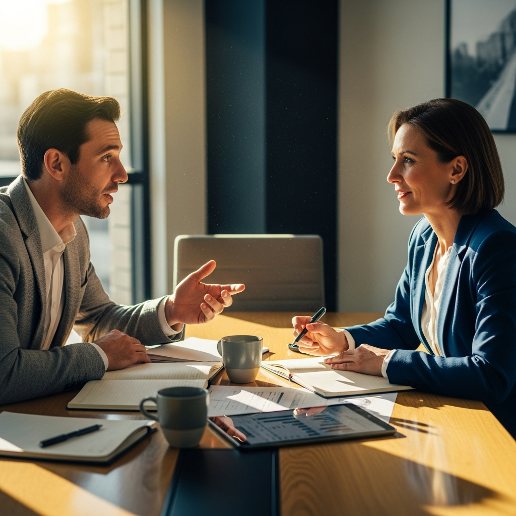 talent strategist meeting with a business owner at a modern conference table, professional and focused conversation, warm natural light, editorial documentary style