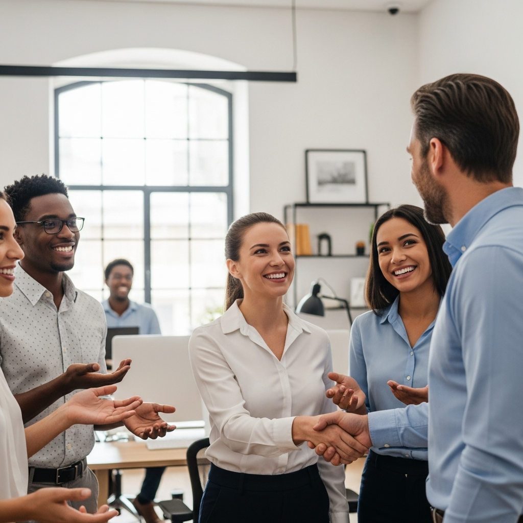 new employee being welcomed into a US business team, handshake and introductions, professional office setting, warm and genuine