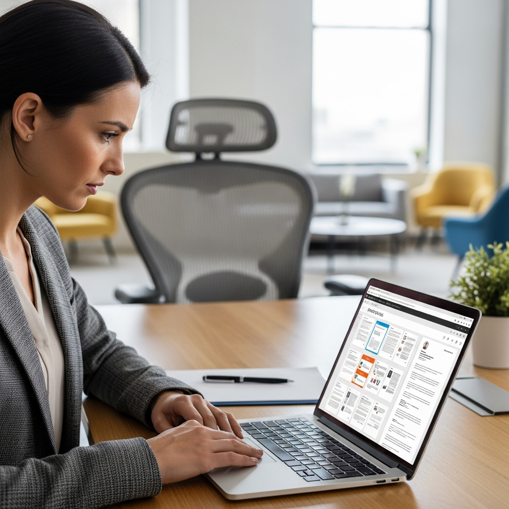 HR professional reviewing candidate portfolio at a laptop, focus and concentration, modern office, editorial style