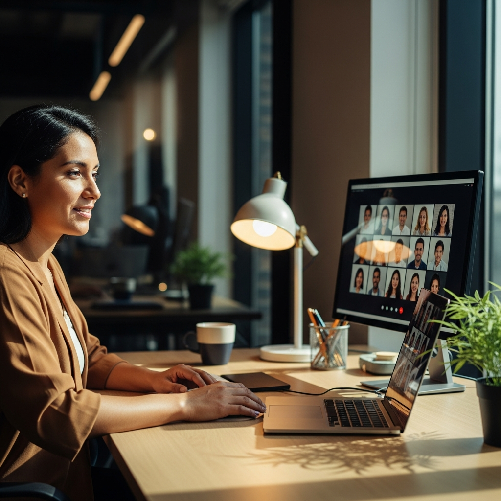 Latin American professional on video call with US colleagues, modern office desk setup, natural daylight, warm and focused atmosphere, documentary editorial style